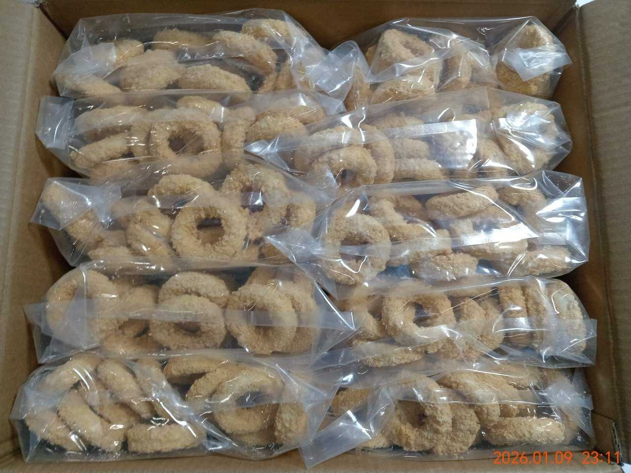 Кальмар гигантский, кольца фаршевые в панировке, п/ф с/м обжар., 4-8 см/шт 1 кг, карт., 10 кг (3700/02J69)